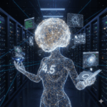 Futuristic figure with data visualizations.