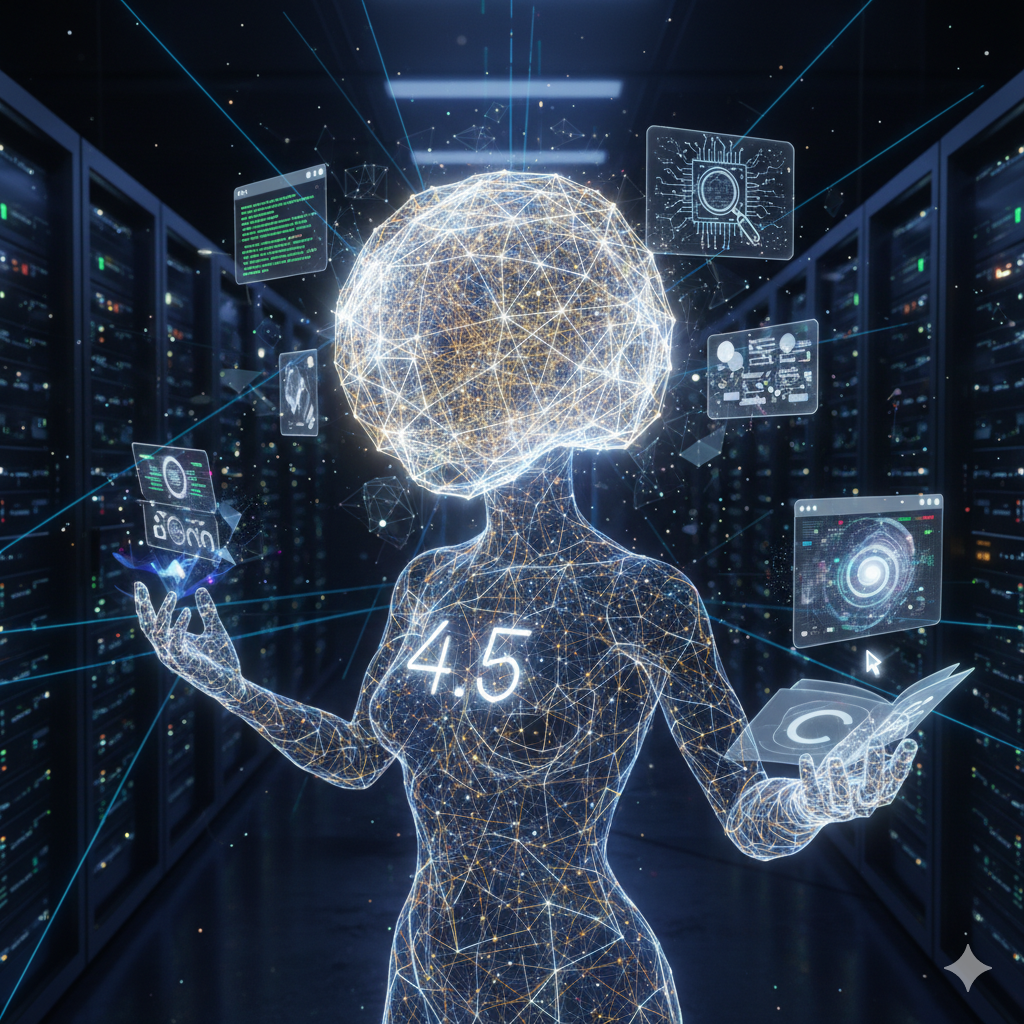 Futuristic figure with data visualizations.